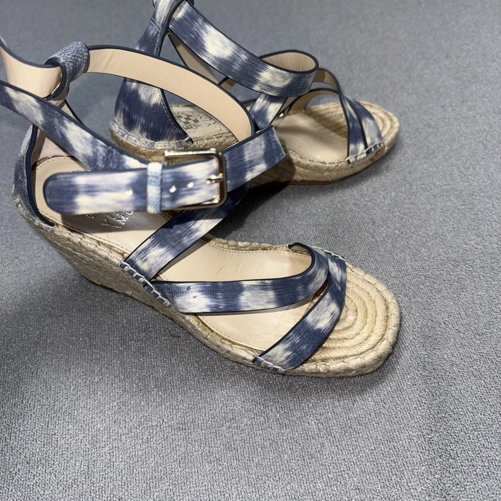 Vince Camuto Sandal Womens 7.5 Leddy Navy Espadrille Wedge Heel Ankle Wrap Suede